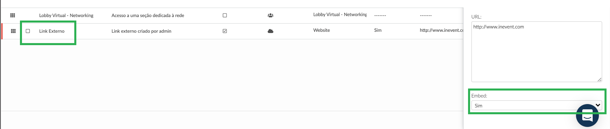 Aba de Link Externo > Embed > Sim