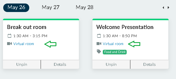 Screenshot of virtual lobby agenda link
