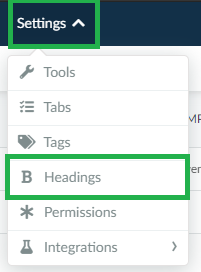 Screenshot of steps Settings > Headings.