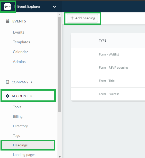Screenshot of steps Company logo > Accounts> Headings>add Headings.