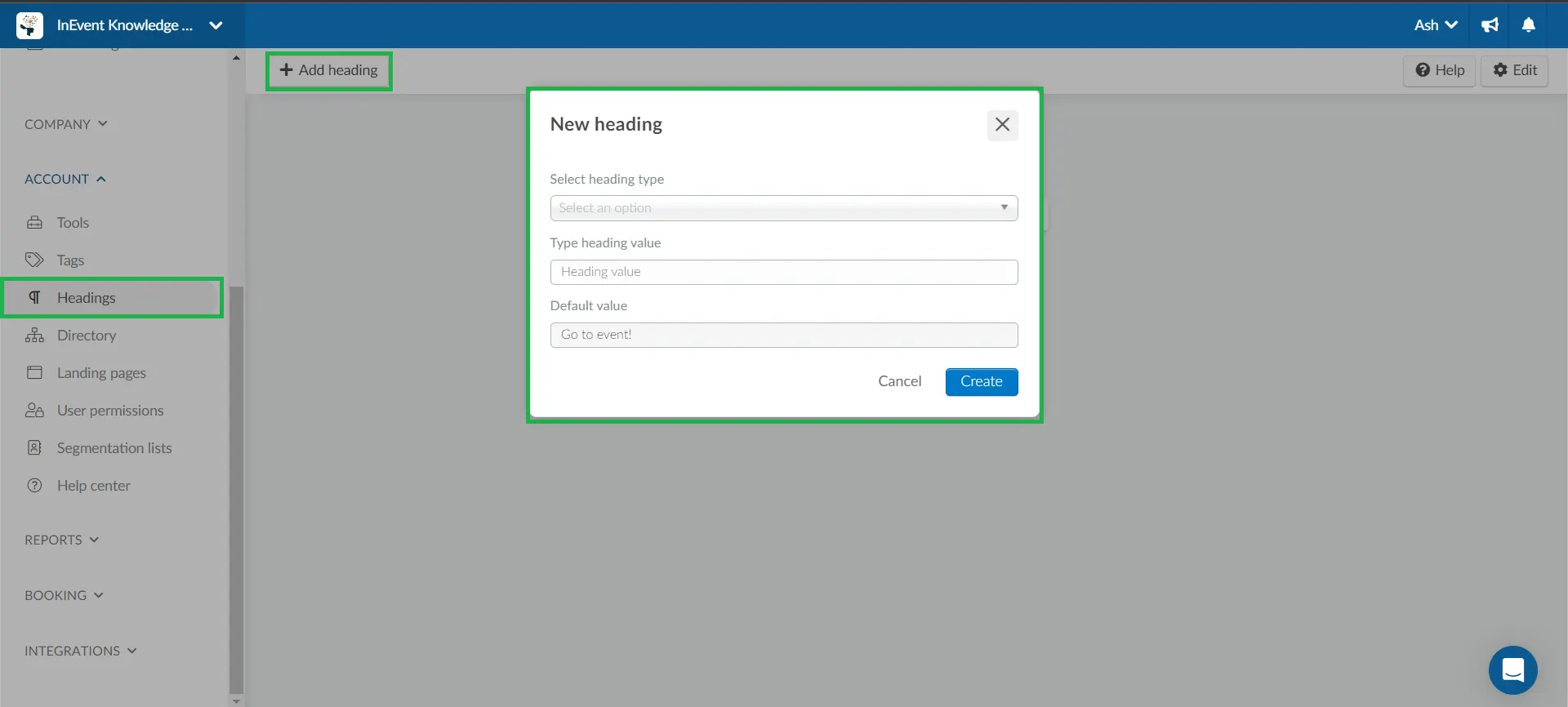 Screenshot showing the create company heading interface.