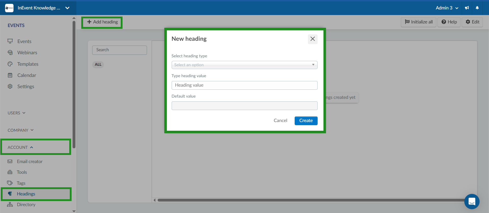 Screenshot showing the create company heading interface.