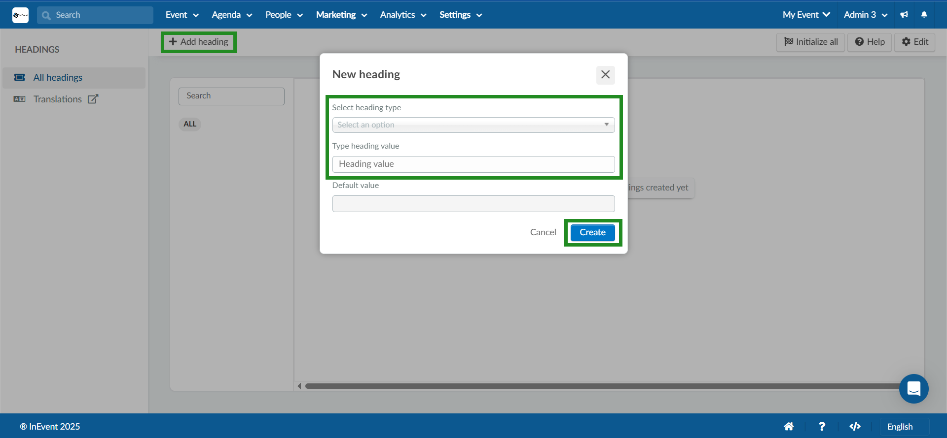 Screenshot showing the create event heading interface.