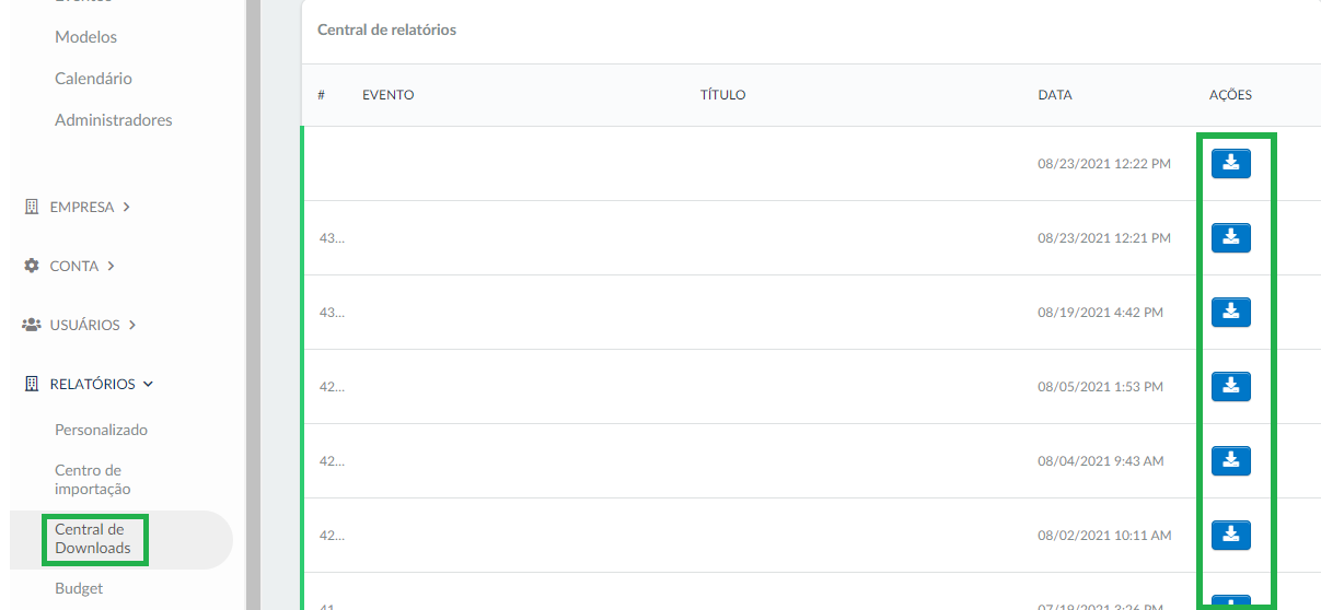 Selecionando um evento para dados de exportação