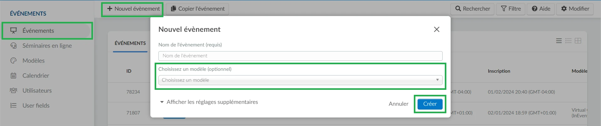 créer un événement à l'aide d'un modèle activé par l'assistant