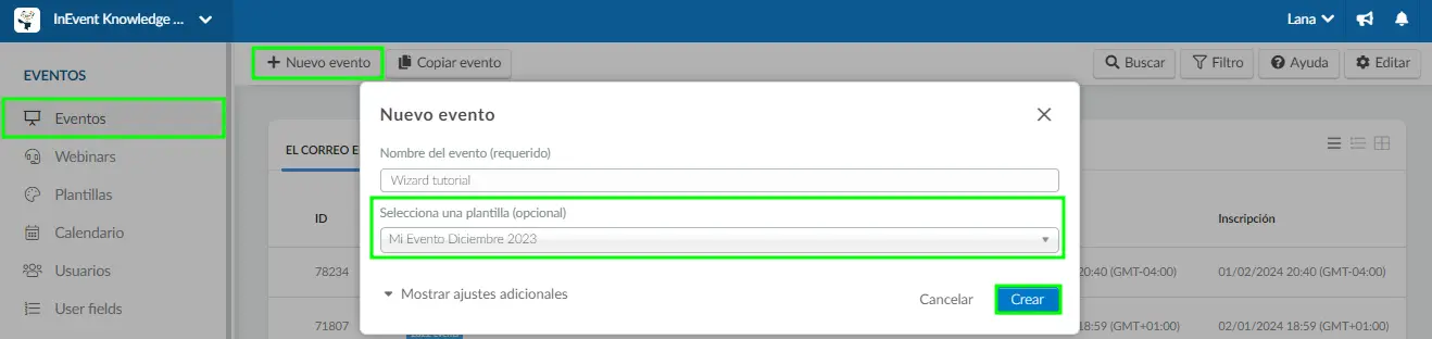 Crear evento usando plantilla de Wizard