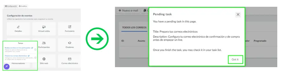 Administrar tareas de un evento en Wizard