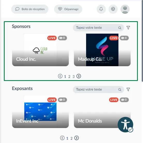Capture d'écran montrant la section des sponsors en surbrillance dans le Virtual Lobby