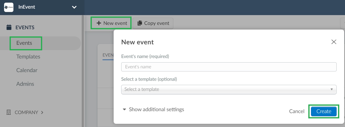 Screenshot of how to create an event
