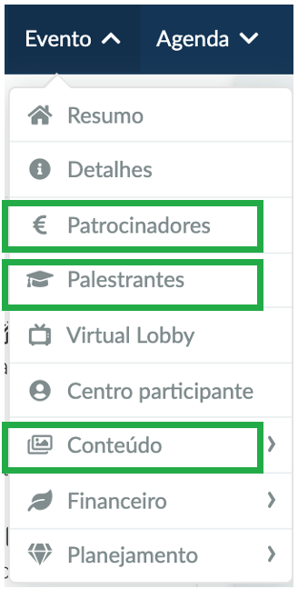 Captura de tela do menu de Evento