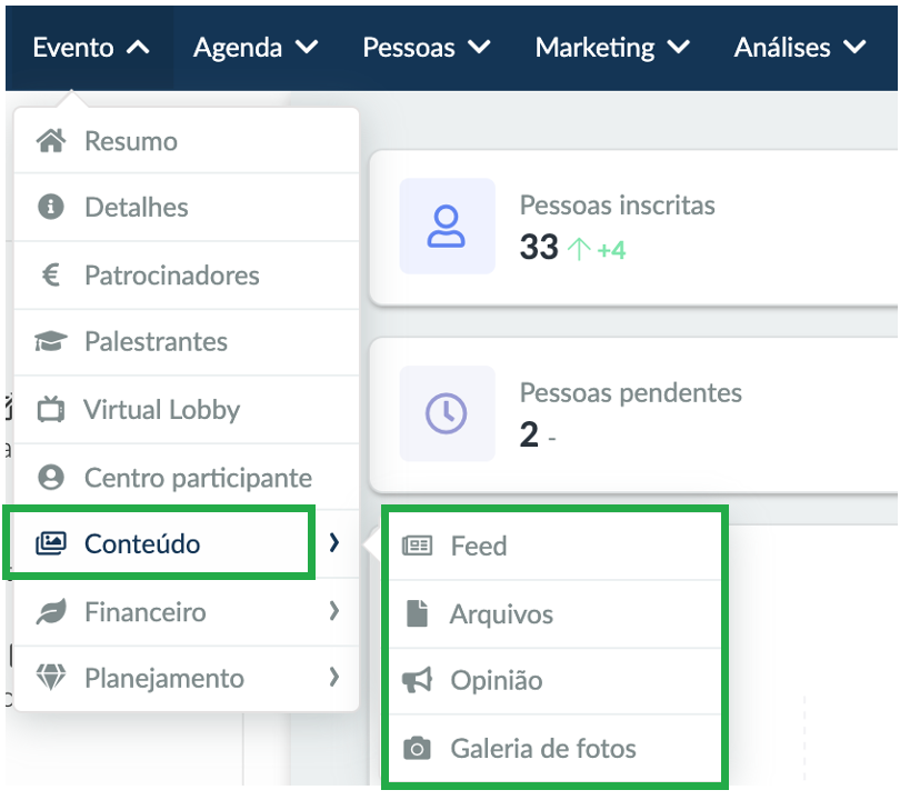 Captura de tela do menu de Evento > Conteúdo