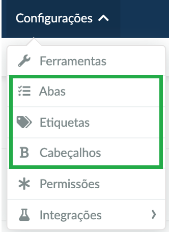 Captura de tela: menu de configurações com customizações