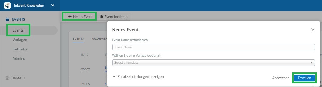 Screenshot of how to create an event