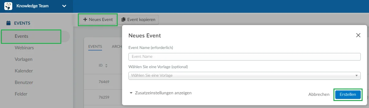 Screenshot of how to create an event