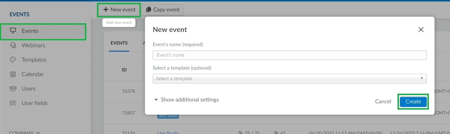 Screenshot of how to create an event