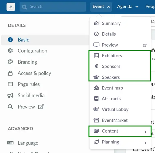 How to access speakers, sponsors and content