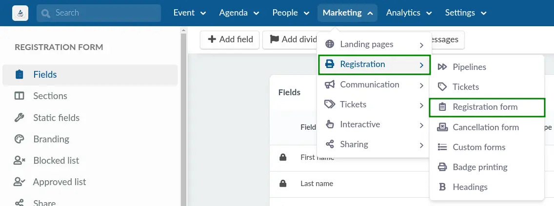 Screenshot showing how to navigate to the Registration form page