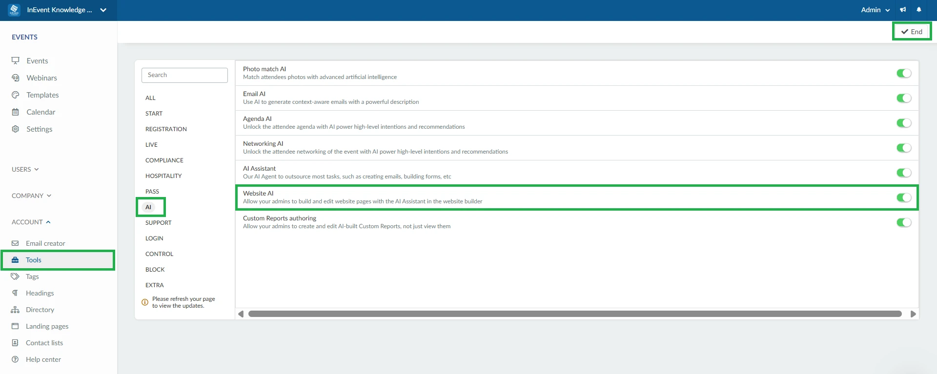 Enabling the Website AI tool