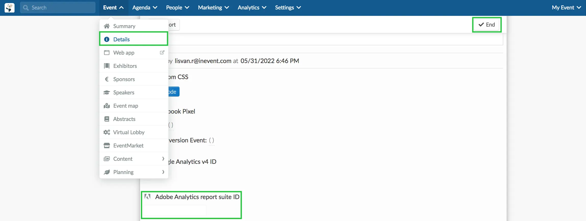 Image showing Adobe Analytics report suit ID field in Events > Details