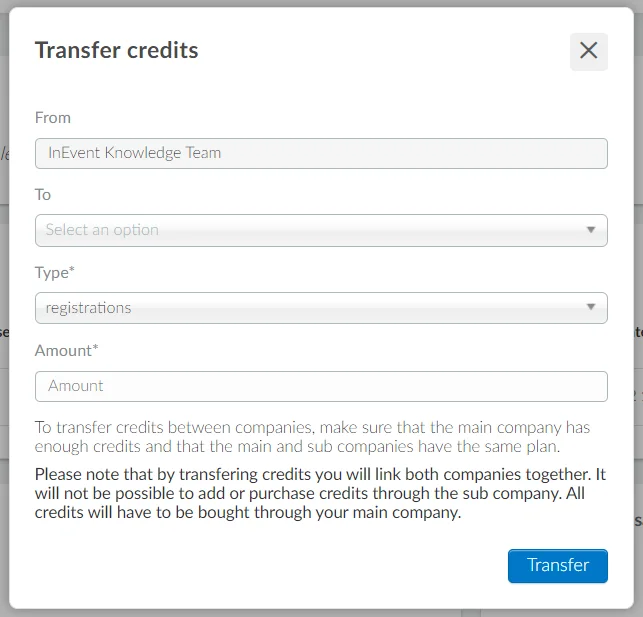 Screenshot showing the Transfer credits pop-up box.