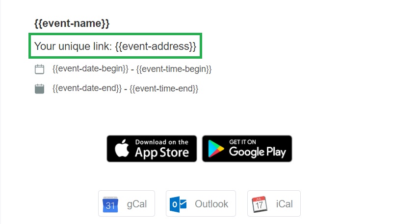 Screenshot of  the email's customizable page, highlighting {[event-address}}