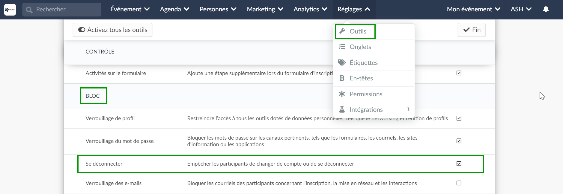 capture d'écran de l'activation de l'option "se déconnecter"