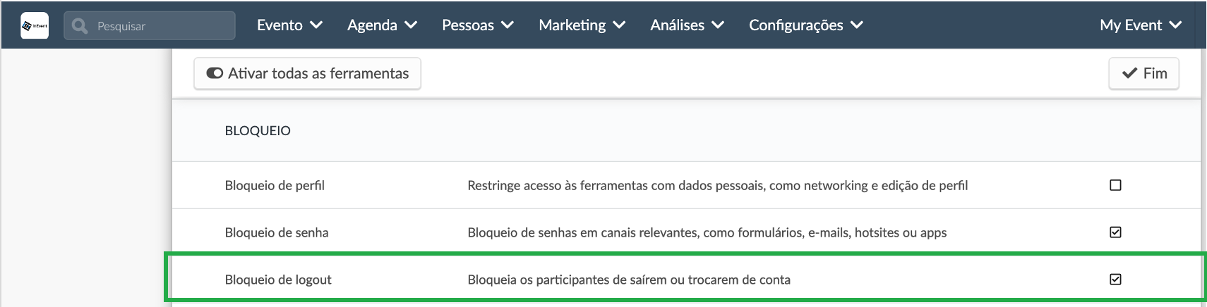 Captura de tela: ativando a opção bloqueio de logout
