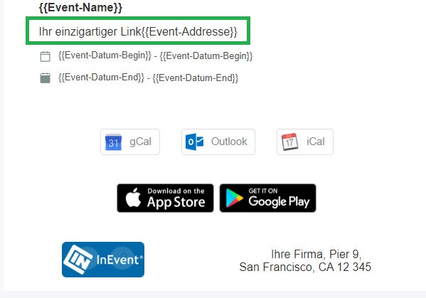 Screenshot of  the email's customizable page, highlighting {[event-address}}