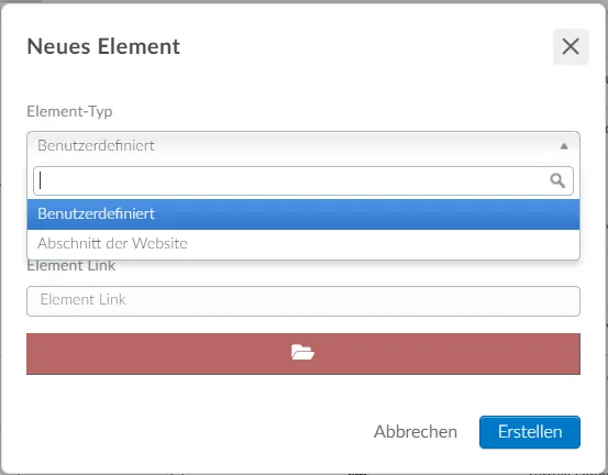 In dem neuen Fenster geben Sie den Elementtitel und den Element Link ein (die URL der Zielseite, die Sie im ersten Schritt gespeichert haben).