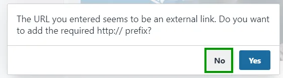 Sobald Sie auf Speichern klicken, erscheint ein neues Pop-up-Fenster, in dem Sie gefragt werden, ob Sie das Präfix http:// hinzufügen möchten.