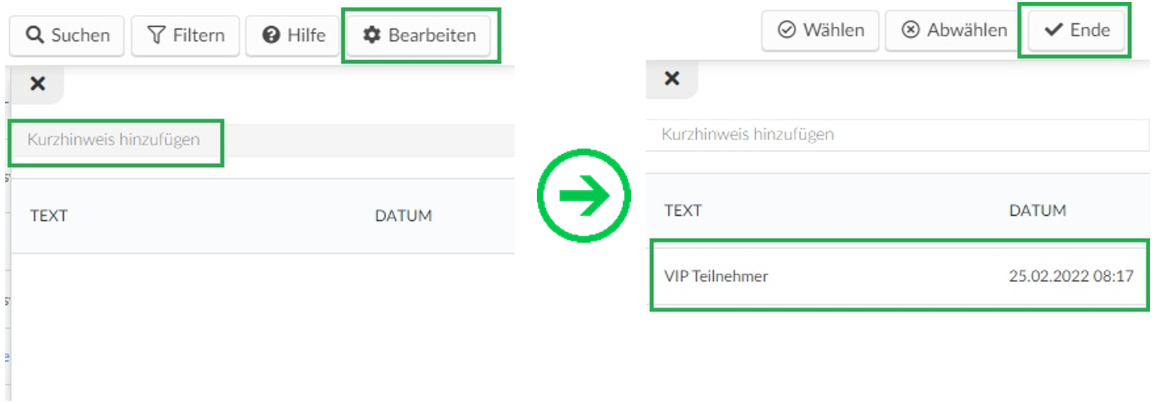 Screenshot of thesteps to add an attendee note. On Attendees page, Edit > Add quick note > End