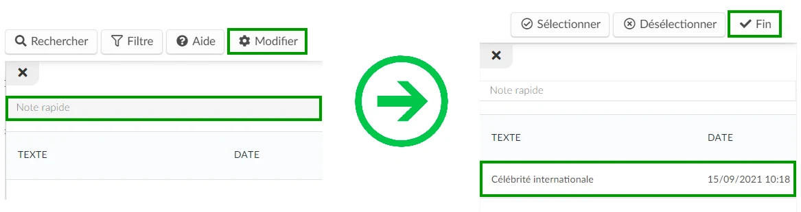 Capture d'écran des étapes pour ajouter une note aux participants. Sur la page des participants, Modifier > Ajouter une note rapide > Fin