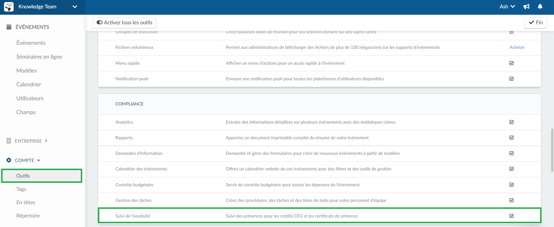 Activant l'outil "Suivi de l'assiduité" dans les outils au niveau entreprise