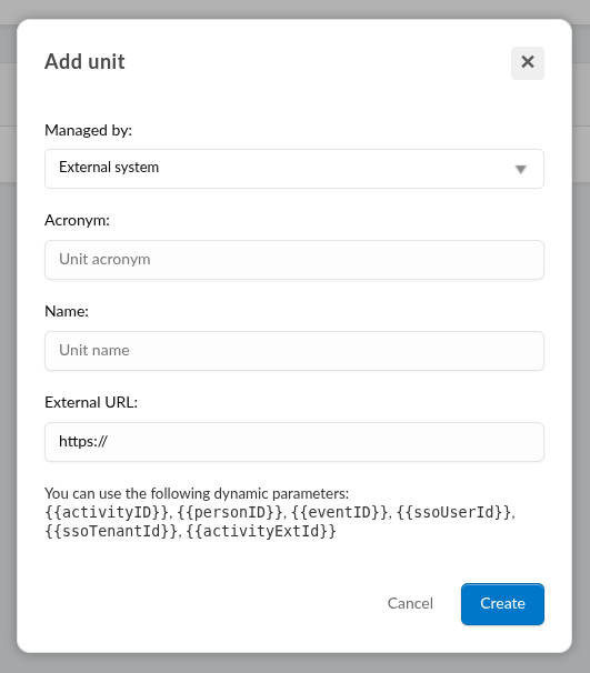 Screenshot showing the Add unit > External system menu