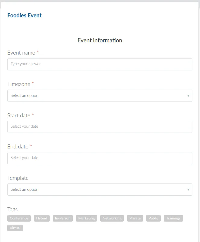 Screenshot showing the default Event booking form.