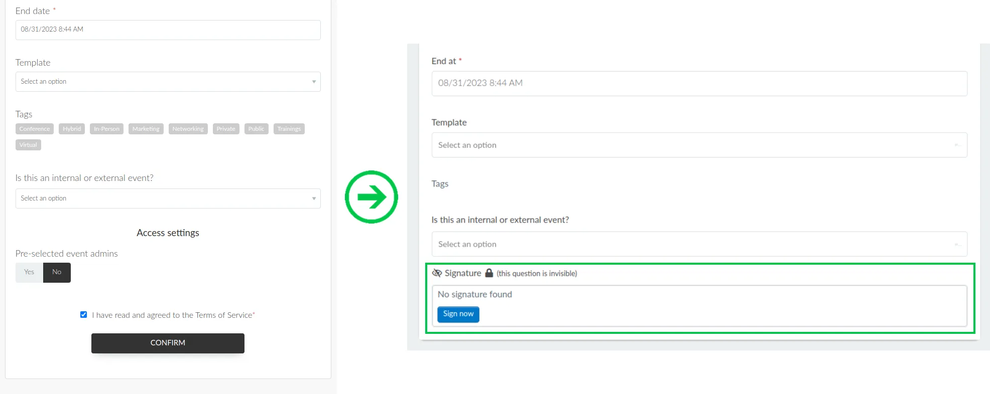 Screenshot showing the live form without the Online Signature field and the submission review page with the Online Signature field.