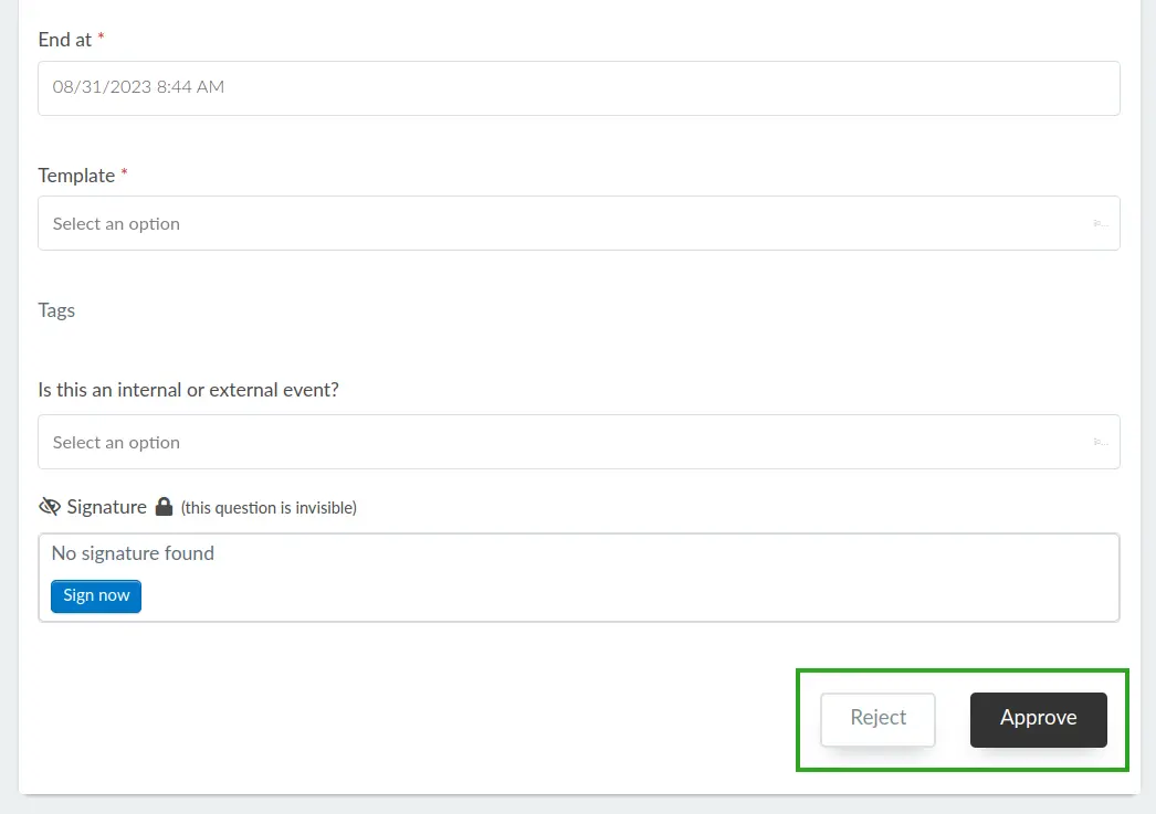 Reject and approve buttons at the end of the form.