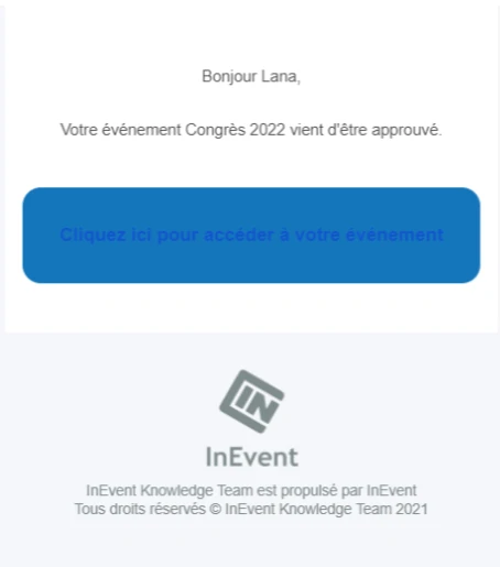 Courriel envoyé à l'auteur du formulaire après l'autorisation de l'événement