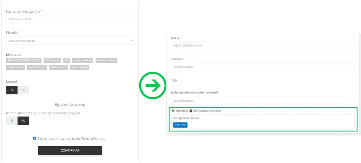 Captura de pantalla que muestra el formulario en vivo sin el campo Firma en línea y la página de revisión de envío con el campo Firma en línea.