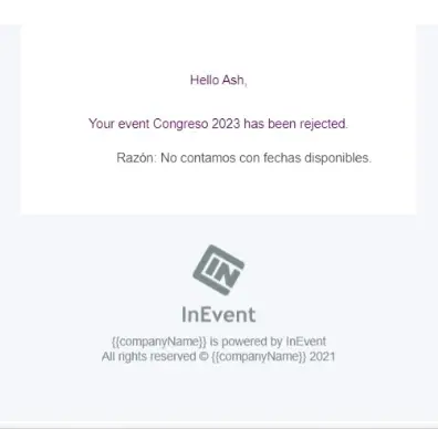 El usuario de reserva que envió la solicitud rechazada recibirá un correo electrónico, como se muestra a continuación