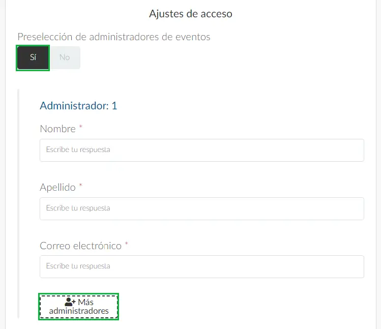 El selector de Administradores de eventos preseleccionados