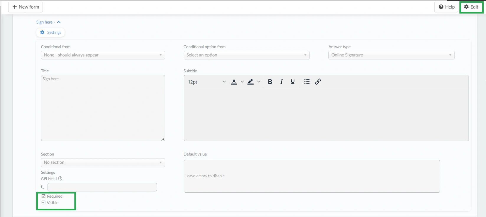 Online signature field for users