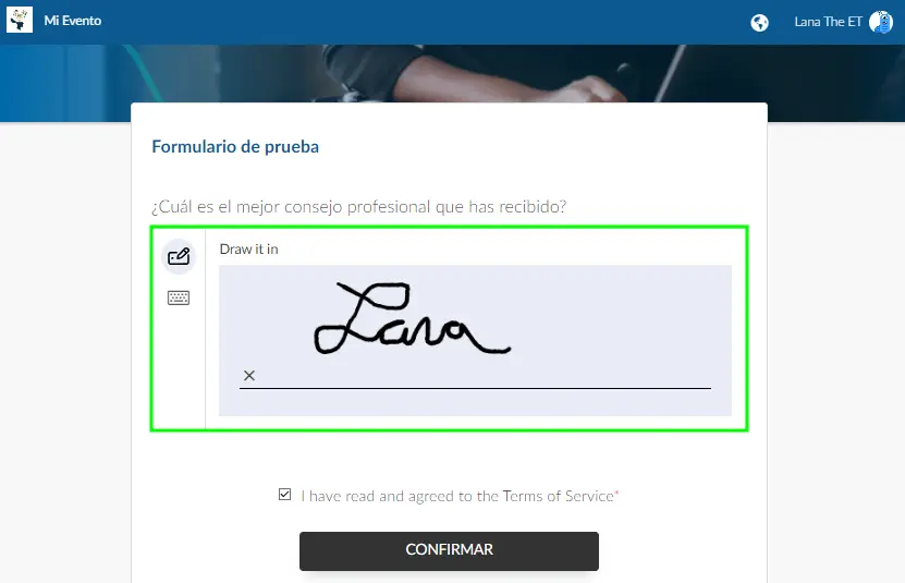 Muestra de pedido de firma online en formulario personalizado