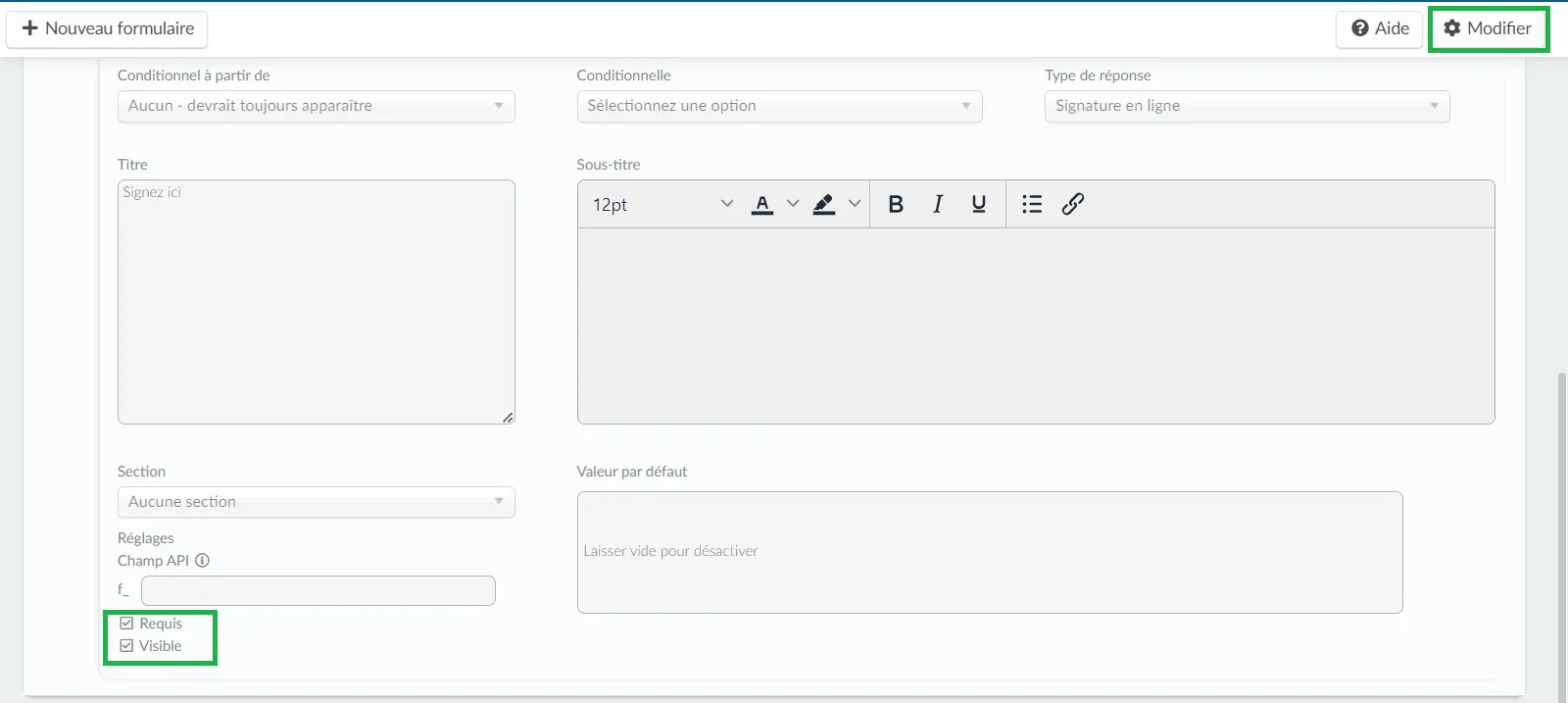 Champ de signature en ligne pour les utilisateurs