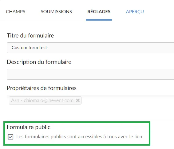 Définissez le formulaire comme étant public