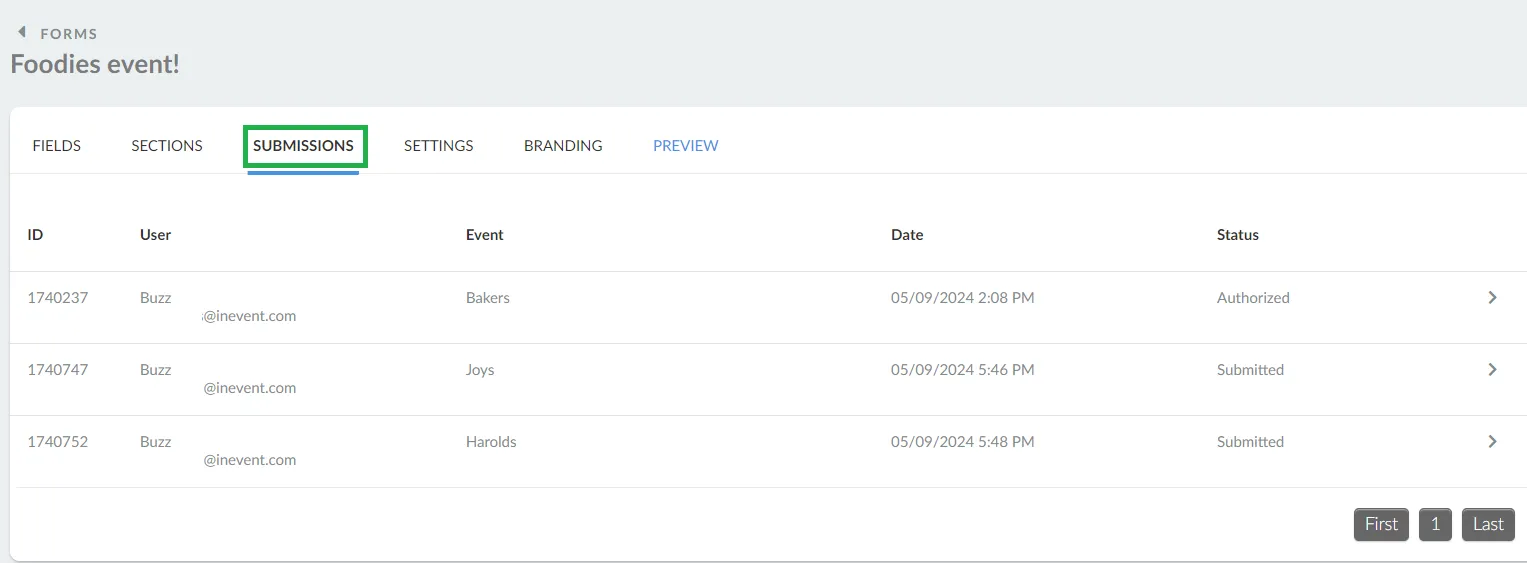 Submissions tab in the Forms page