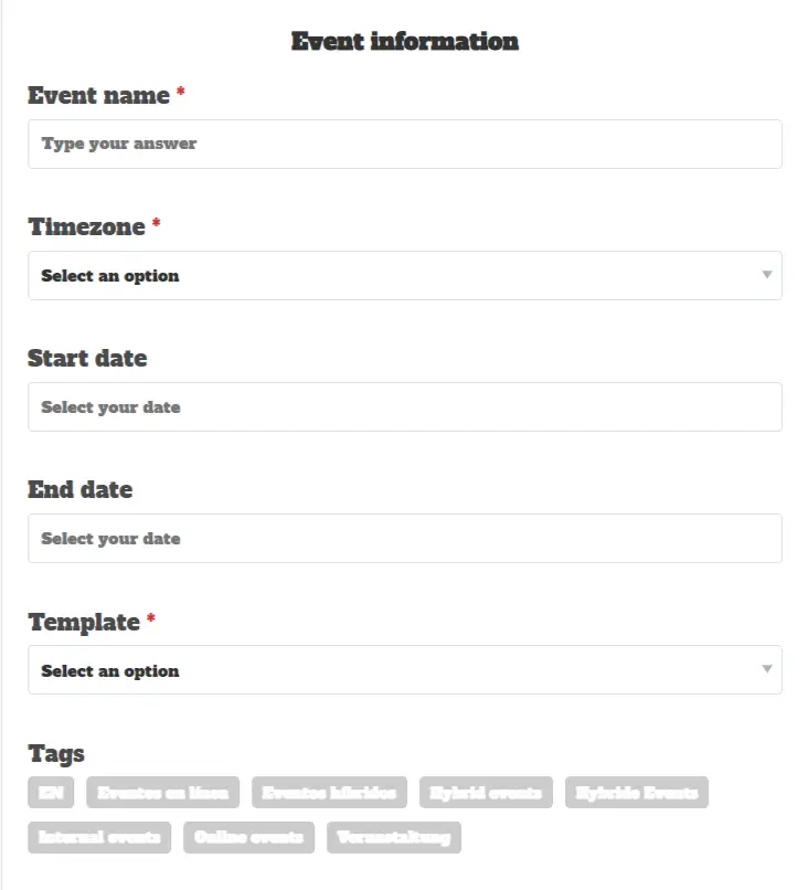 Booking form sections