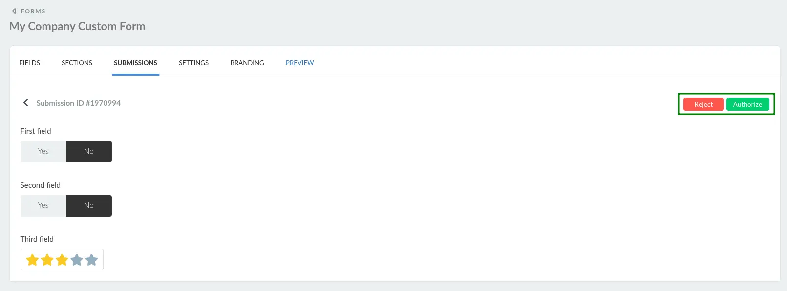 Screenshot showing a company custom form submission
