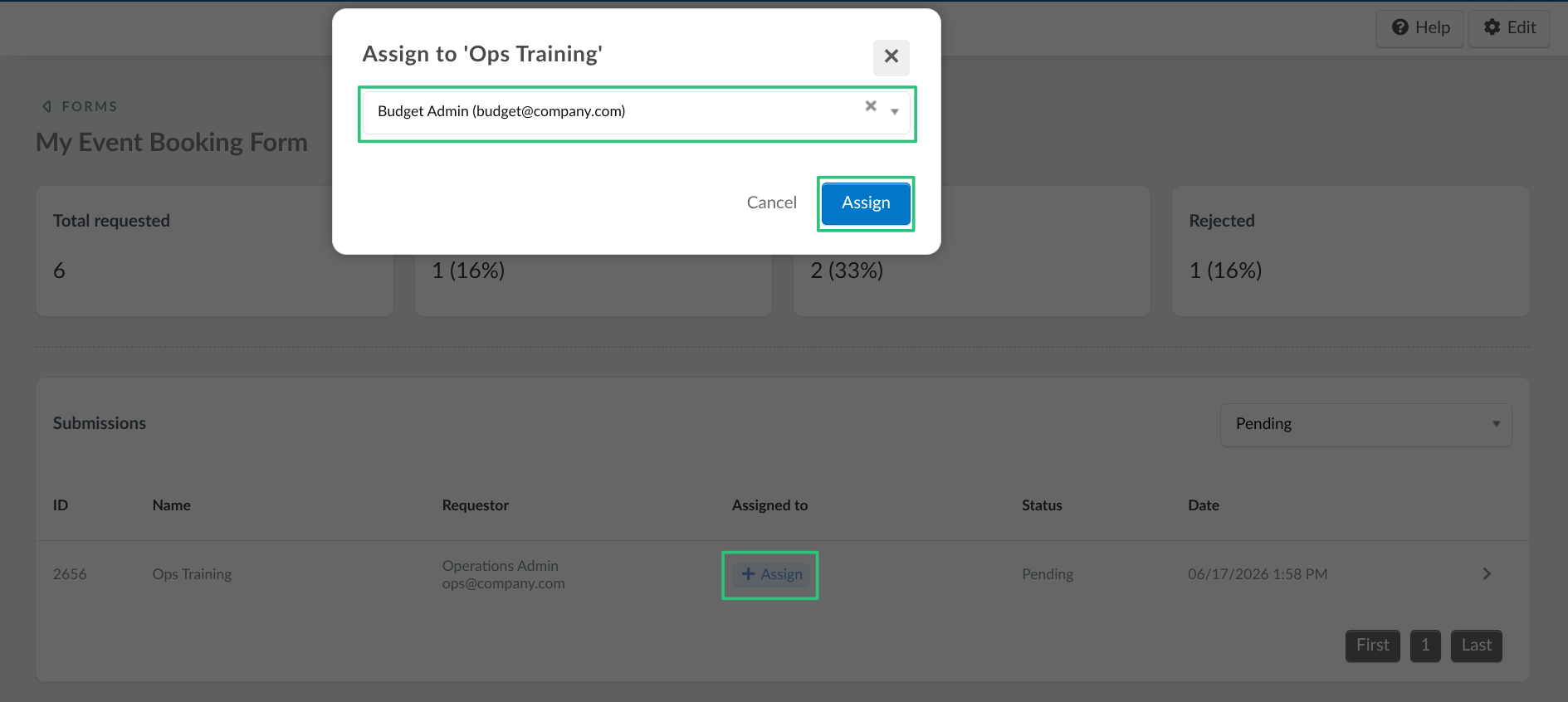 Screenshot showing the assign admin pop-up box.