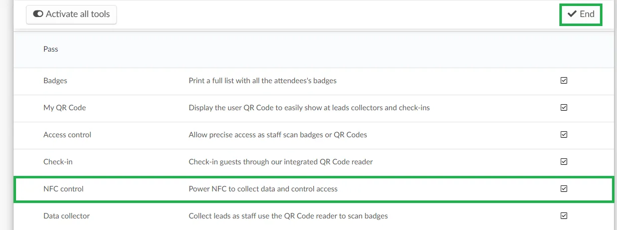 Settings for the NFC control. 